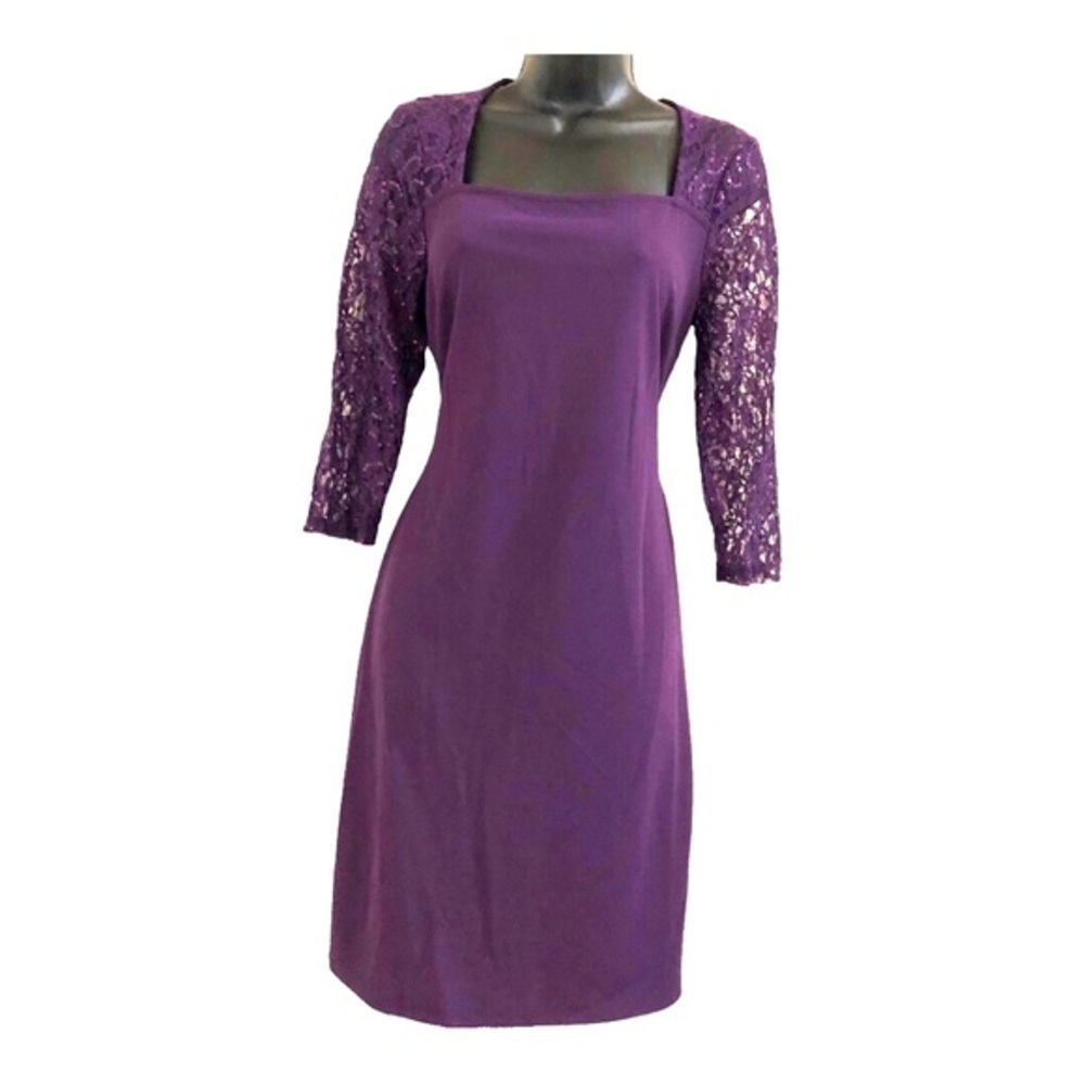 Purple‎ lace sleeve square neck sequin sheath dress gown size 6 petite new